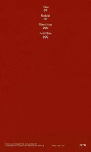 Menu nước ngọt và đồ nhắm Fetti: tonic 89k, dĩa trái cây 890k