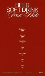 Menu bia và nước ngọt Fetti: Budweiser, Corona 210k, nước ngọt 89k