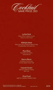 Menu cocktail signature Fetti: Plum Wave, Banana Bloom, Rose Cloud