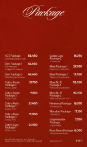 Menu gói combo Fetti: ACE 58.450, Dom và Moet package