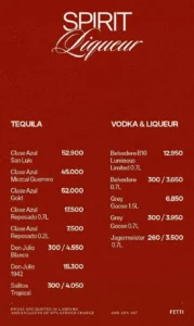 Menu tequila và vodka Fetti: Clase Azul, Don Julio, Grey Goose