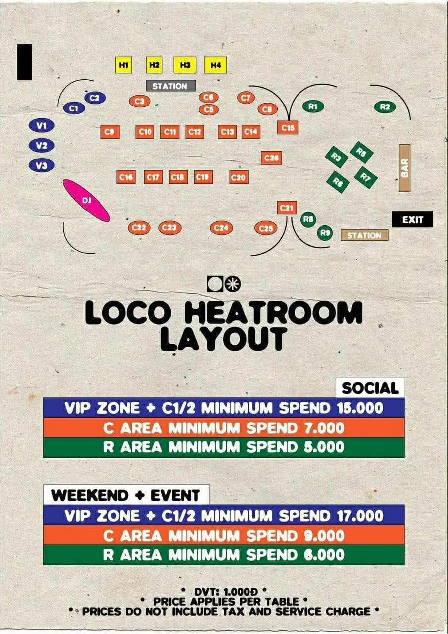 Sơ đồ bàn Loco Heatroom: DJ booth, sàn IN OUT, quầy bar B, dãy C V A